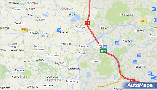 mapa Piekary gmina Liszki, Piekary gmina Liszki na mapie Targeo