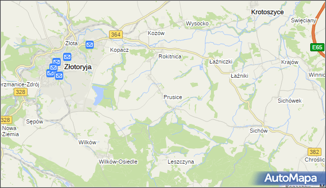 mapa Prusice gmina Złotoryja, Prusice gmina Złotoryja na mapie Targeo