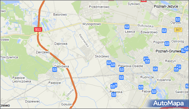 mapa Skórzewo gmina Dopiewo, Skórzewo gmina Dopiewo na mapie Targeo