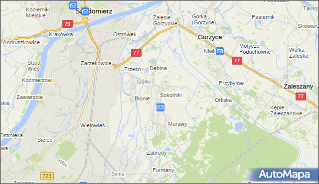 mapa Sokolniki gmina Gorzyce, Sokolniki gmina Gorzyce na mapie Targeo