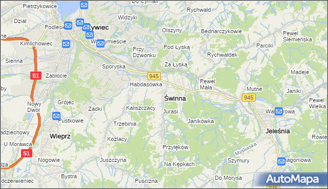 mapa Świnna powiat żywiecki, Świnna powiat żywiecki na mapie Targeo