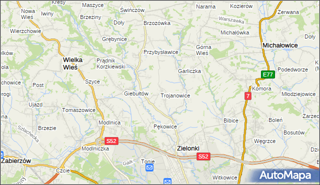 mapa Trojanowice gmina Zielonki, Trojanowice gmina Zielonki na mapie Targeo