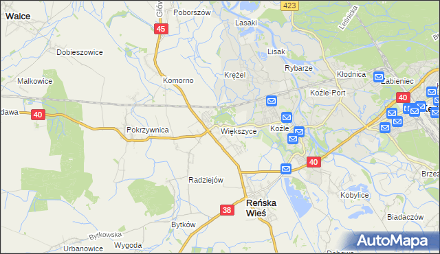 mapa Większyce, Większyce na mapie Targeo