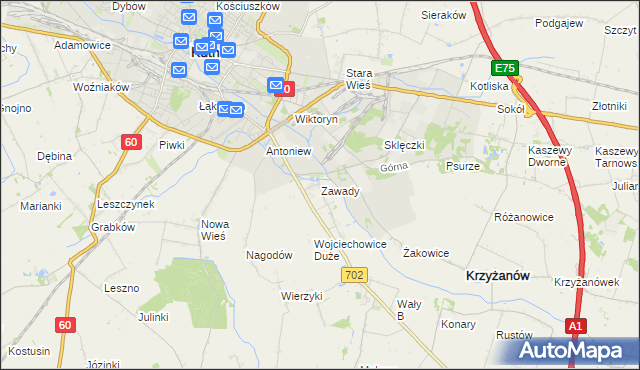 mapa Zawady gmina Krzyżanów, Zawady gmina Krzyżanów na mapie Targeo