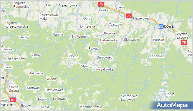 mapa Barnowiec gmina Łabowa, Barnowiec gmina Łabowa na mapie Targeo