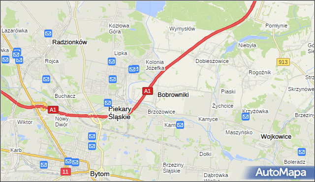 mapa Bobrowniki powiat będziński, Bobrowniki powiat będziński na mapie Targeo