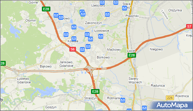 mapa Borkowo gmina Pruszcz Gdański, Borkowo gmina Pruszcz Gdański na mapie Targeo