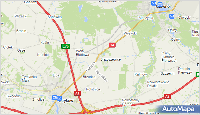 mapa Bratoszewice, Bratoszewice na mapie Targeo