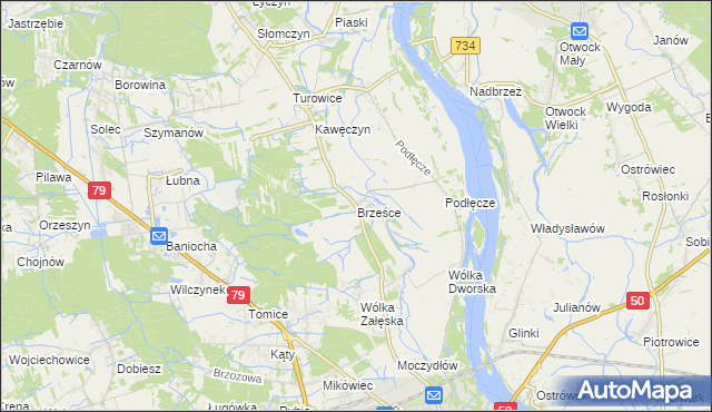 mapa Brześce gmina Góra Kalwaria, Brześce gmina Góra Kalwaria na mapie Targeo
