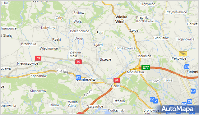 mapa Brzezie gmina Zabierzów, Brzezie gmina Zabierzów na mapie Targeo