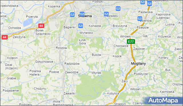 mapa Buków gmina Mogilany, Buków gmina Mogilany na mapie Targeo