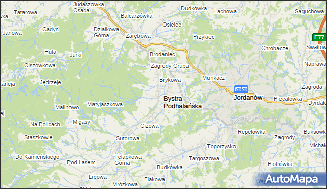 mapa Bystra Podhalańska, Bystra Podhalańska na mapie Targeo