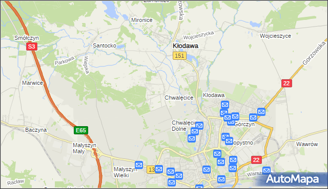 mapa Chwalęcice gmina Kłodawa, Chwalęcice gmina Kłodawa na mapie Targeo