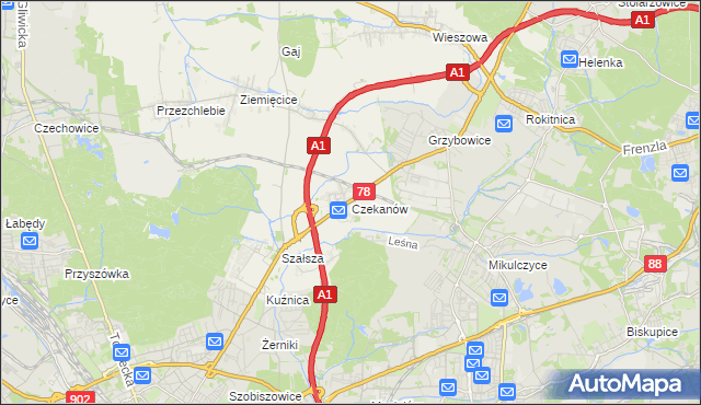 mapa Czekanów gmina Zbrosławice, Czekanów gmina Zbrosławice na mapie Targeo