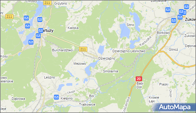mapa Dzierżążno gmina Kartuzy, Dzierżążno gmina Kartuzy na mapie Targeo