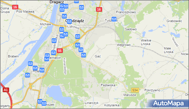 mapa Gać gmina Grudziądz, Gać gmina Grudziądz na mapie Targeo