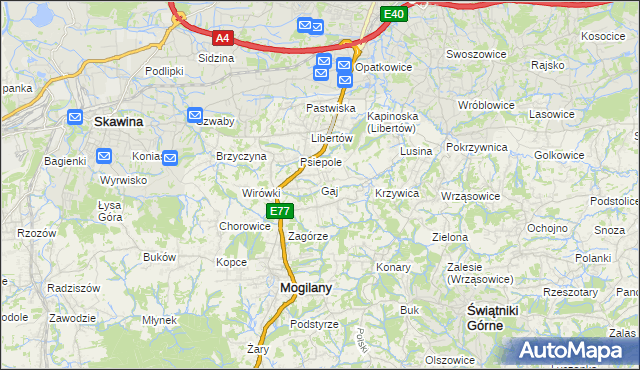 mapa Gaj gmina Mogilany, Gaj gmina Mogilany na mapie Targeo