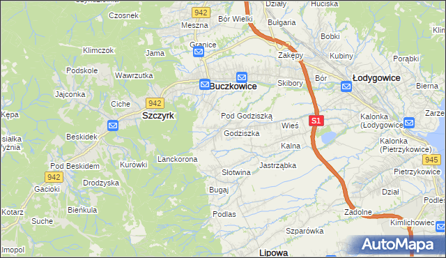 mapa Godziszka gmina Buczkowice, Godziszka gmina Buczkowice na mapie Targeo