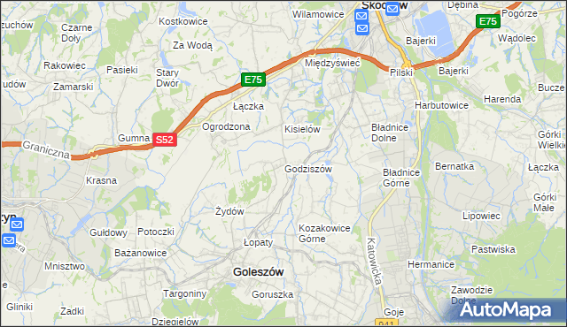 mapa Godziszów gmina Goleszów, Godziszów gmina Goleszów na mapie Targeo