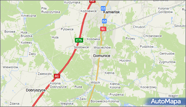 mapa Gomunice, Gomunice na mapie Targeo