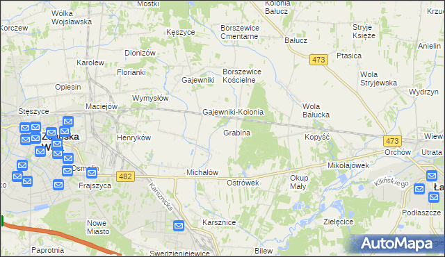 mapa Grabina gmina Łask, Grabina gmina Łask na mapie Targeo