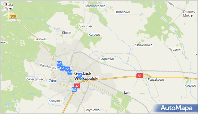 mapa Grąblewo gmina Grodzisk Wielkopolski, Grąblewo gmina Grodzisk Wielkopolski na mapie Targeo
