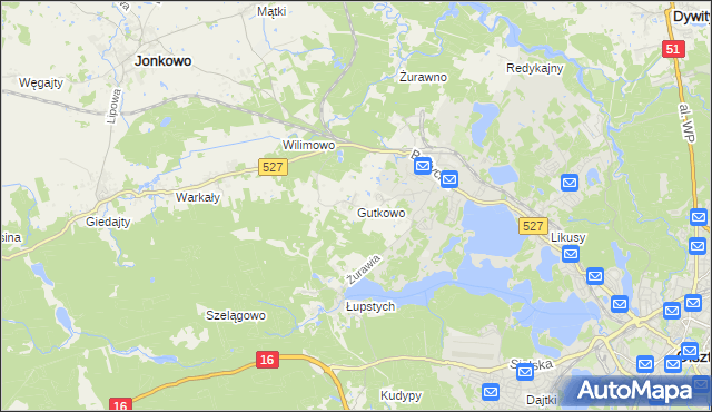 mapa Gutkowo gmina Jonkowo, Gutkowo gmina Jonkowo na mapie Targeo