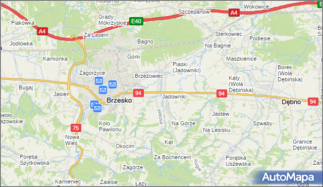 mapa Jadowniki gmina Brzesko, Jadowniki gmina Brzesko na mapie Targeo