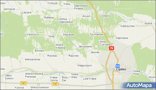 mapa Jakubówka gmina Lipsko, Jakubówka gmina Lipsko na mapie Targeo