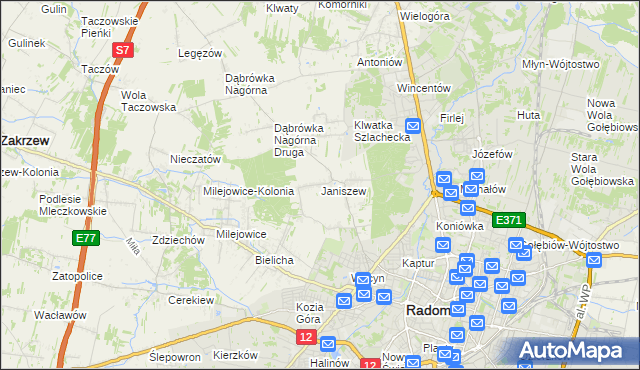 mapa Janiszew gmina Zakrzew, Janiszew gmina Zakrzew na mapie Targeo