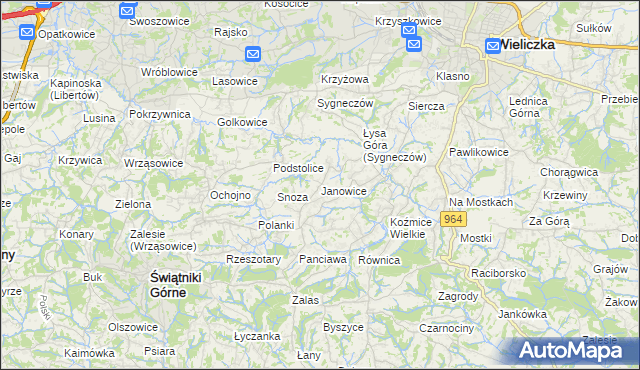 mapa Janowice gmina Wieliczka, Janowice gmina Wieliczka na mapie Targeo