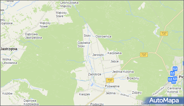 mapa Jaroszki gmina Pionki, Jaroszki gmina Pionki na mapie Targeo