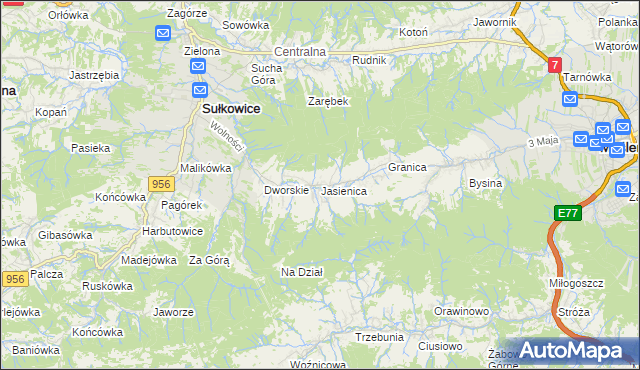 mapa Jasienica gmina Myślenice, Jasienica gmina Myślenice na mapie Targeo