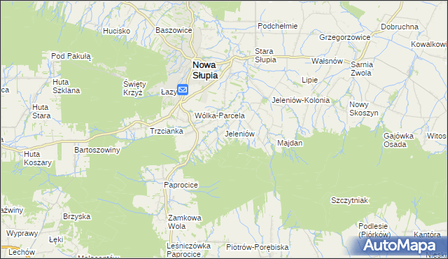 mapa Jeleniów gmina Nowa Słupia, Jeleniów gmina Nowa Słupia na mapie Targeo