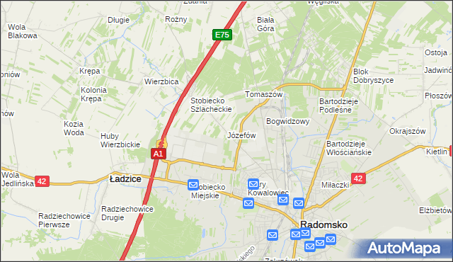 mapa Józefów gmina Ładzice, Józefów gmina Ładzice na mapie Targeo