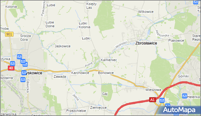 mapa Kamieniec gmina Zbrosławice, Kamieniec gmina Zbrosławice na mapie Targeo