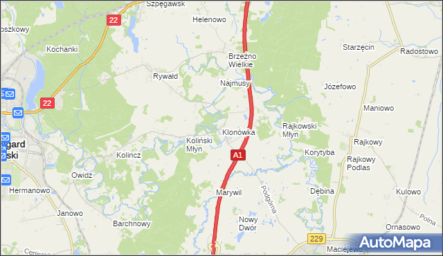 mapa Klonówka gmina Starogard Gdański, Klonówka gmina Starogard Gdański na mapie Targeo