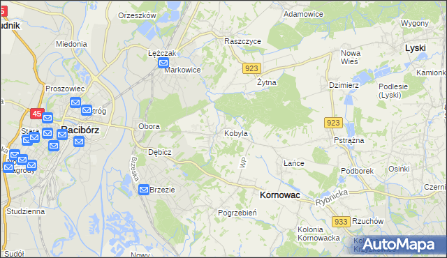 mapa Kobyla gmina Kornowac, Kobyla gmina Kornowac na mapie Targeo
