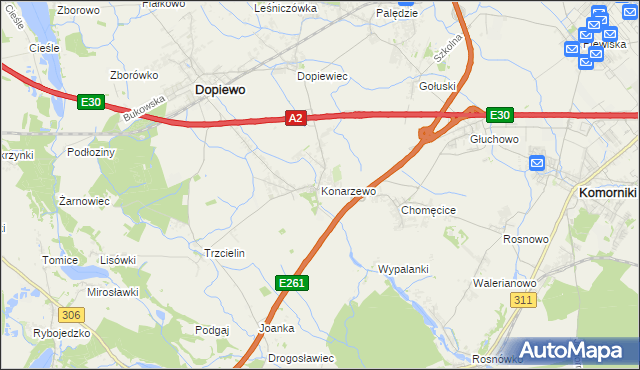 mapa Konarzewo gmina Dopiewo, Konarzewo gmina Dopiewo na mapie Targeo