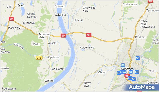 mapa Korzeniewo gmina Kwidzyn, Korzeniewo gmina Kwidzyn na mapie Targeo