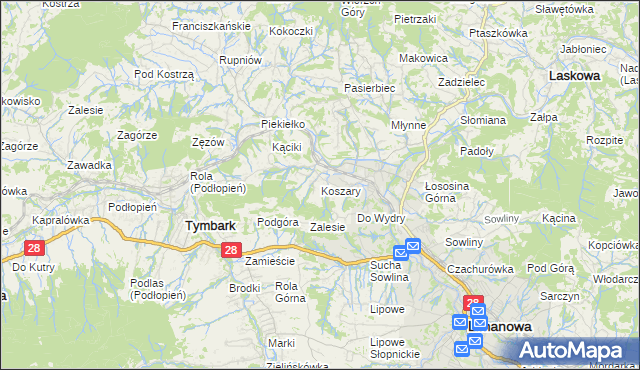 mapa Koszary gmina Limanowa, Koszary gmina Limanowa na mapie Targeo