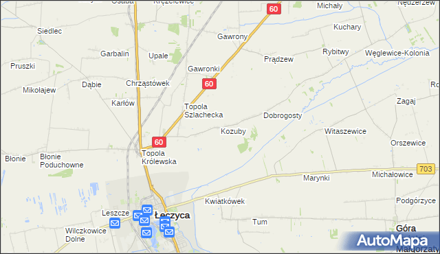 mapa Kozuby gmina Łęczyca, Kozuby gmina Łęczyca na mapie Targeo