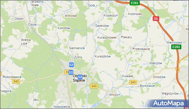 mapa Kuraszków gmina Oborniki Śląskie, Kuraszków gmina Oborniki Śląskie na mapie Targeo