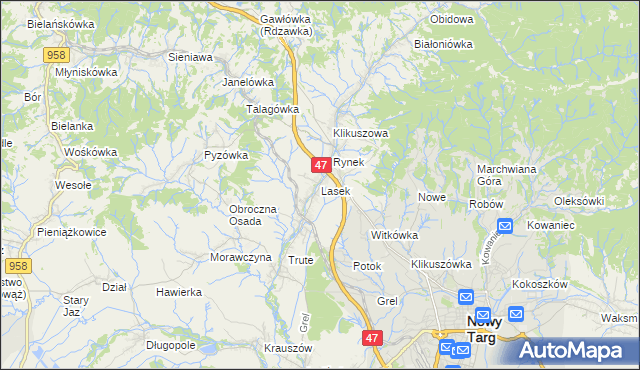 mapa Lasek gmina Nowy Targ, Lasek gmina Nowy Targ na mapie Targeo