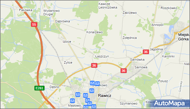 mapa Łaszczyn gmina Rawicz, Łaszczyn gmina Rawicz na mapie Targeo