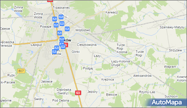 mapa Łazy gmina Łuków, Łazy gmina Łuków na mapie Targeo