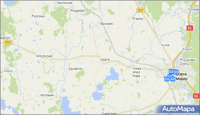 mapa Łęgno gmina Dobre Miasto, Łęgno gmina Dobre Miasto na mapie Targeo