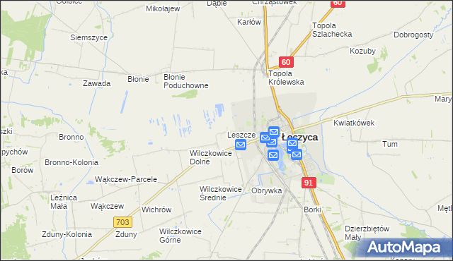 mapa Leszcze gmina Łęczyca, Leszcze gmina Łęczyca na mapie Targeo