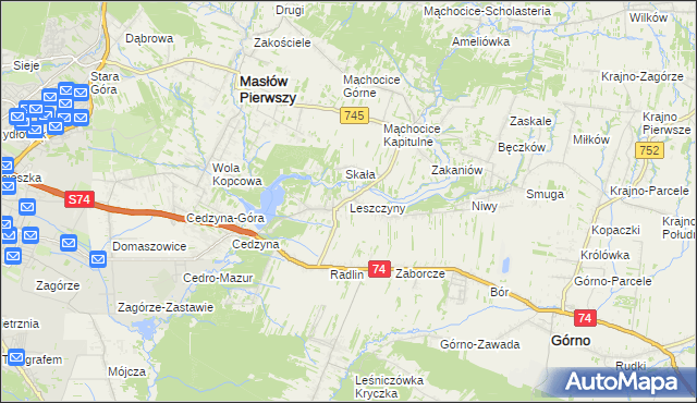 mapa Leszczyny gmina Górno, Leszczyny gmina Górno na mapie Targeo
