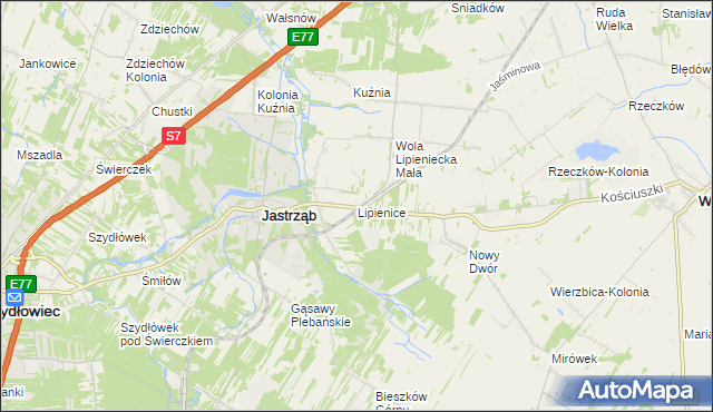 mapa Lipienice gmina Jastrząb, Lipienice gmina Jastrząb na mapie Targeo